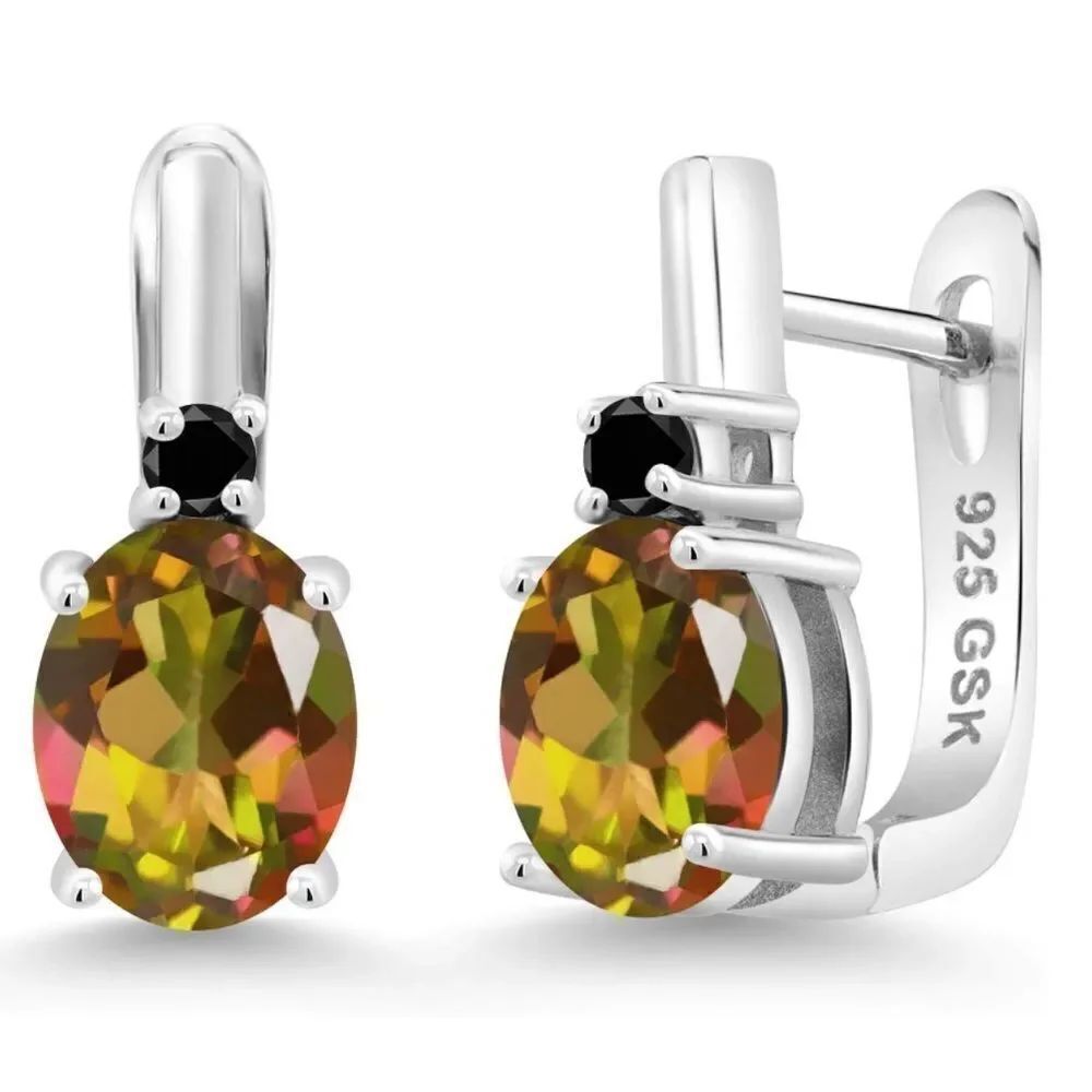 925 Sterling Silver with 4.13 Cttw Mango Mystic Topaz and Black Diamond Earrings